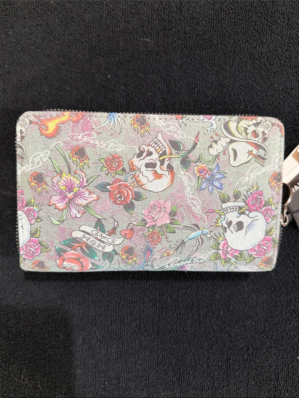 Ed Hardy Skull & Roses Zip Wallet in Pastel Blue and Pink Accents